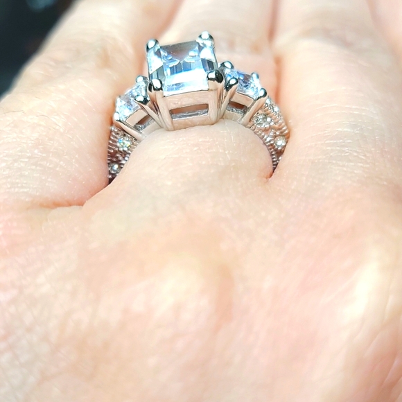 WGP Emerald Cut 3 Stone AAA CZ Engagement Ring - Picture 4 of 7